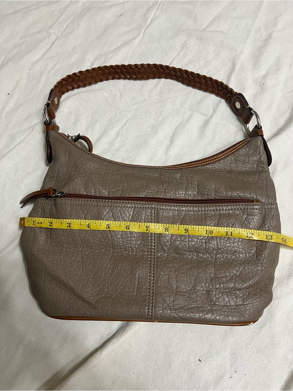 Taupe Leather-Textured Shoulder Bag with Braided Handle - Picture 3 of 7